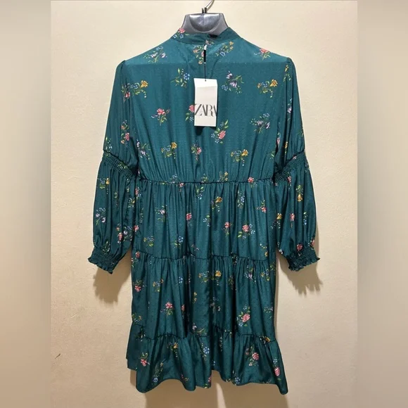ZARA GreenPrint Mini Floral Dress Size S High Neck NWT. - Picture 6 of 10